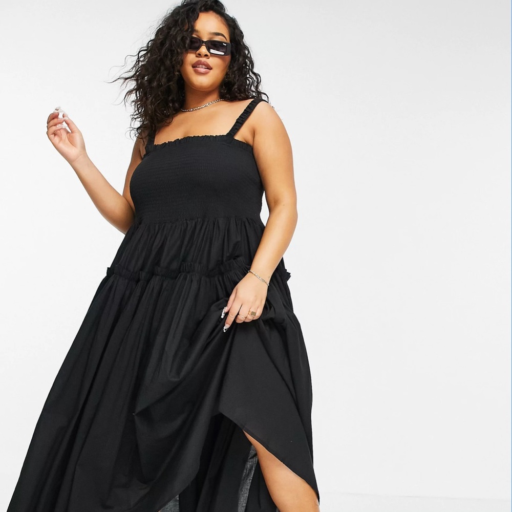 ASOS DESIGN Curve shirred cami midi sundress with raw edges in black